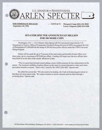 Senator Specter announces $15 million for 200 more COPS