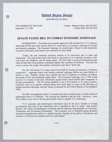 Senate passes bill to combat economic espionage