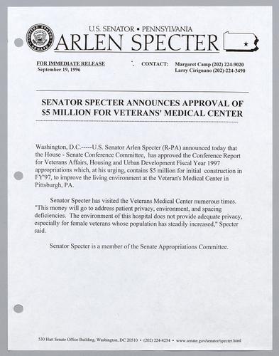 Senator Specter announces approval of $5 million for Veterans' Medical Center