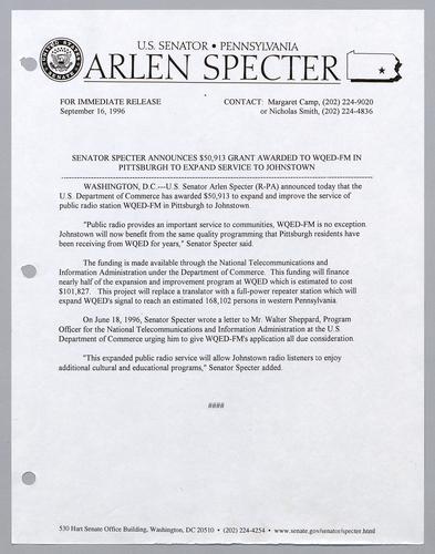 Senator Specter announces $50,913 grant awarded to WQED-FM in Pittsburgh to expand service to Johnstown