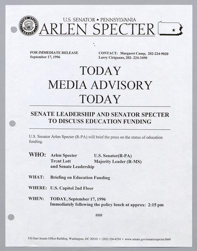 Senate leadership and Senator Specter to discuss education funding