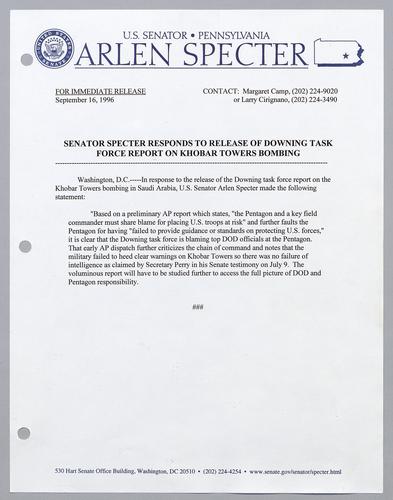 Senator Specter responds to release of Downing task force report on Khobar Towers bombing