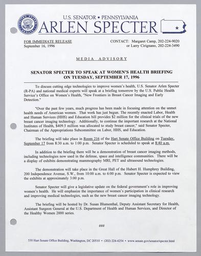 Senator Specter to speak at women's health briefing on Tuesday, September 17, 1996