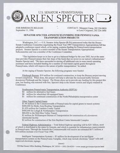 Senator Specter announces funding for Pennsylvania transportation projects
