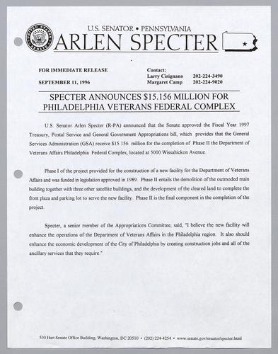 Specter announces $15.156 million for Philadelphia Veterans Federal Complex