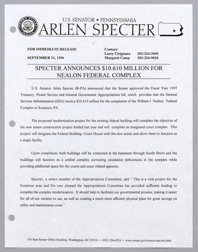 Specter announces $10.610 million for Nealon Federal Complex