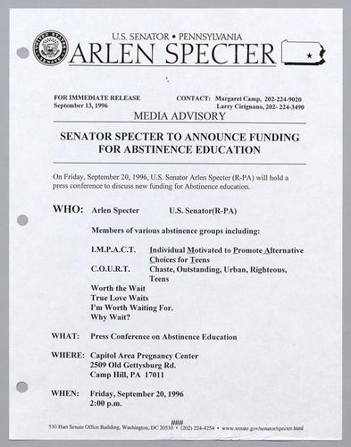 Senator Specter to announce funding for abstinence education
