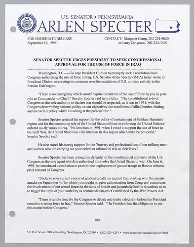Senator Specter urges President to seek congressional approval for the use of force in Iraq
