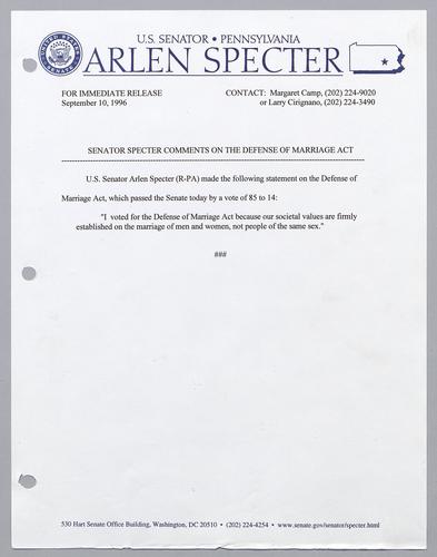 Senator Specter comments on the Defense of Marriage Act