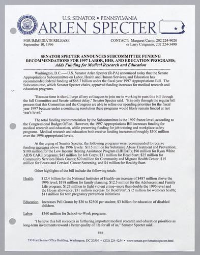 Senator Specter announces subcommittee funding recommendations for 1997 labor, HHS, and education programs; adds funding for medical research and education