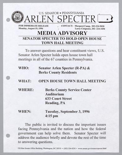 Senator Specter to hold open house town hall meeting