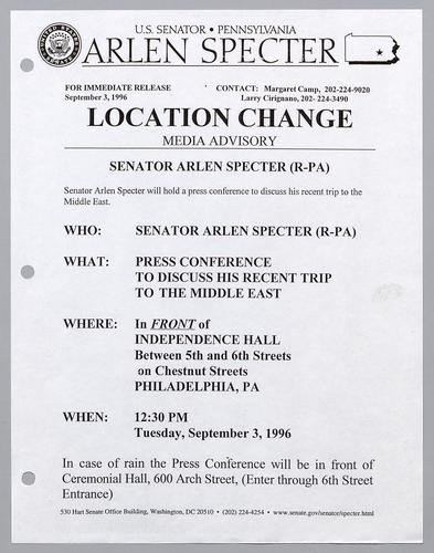 Senator Arlen Specter will hold press conference to discuss his recent trip to the Middle East