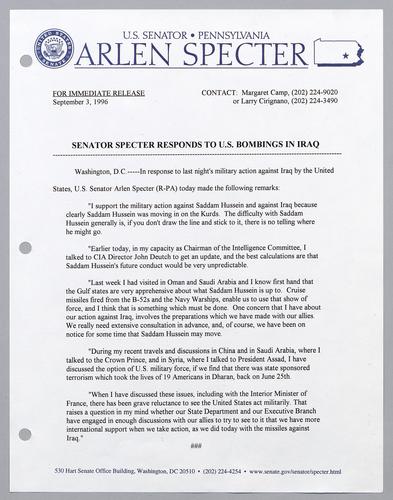 Senator Specter responds to U.S. bombings in Iraq