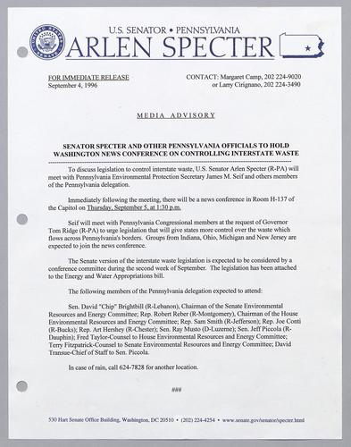 Senator Specter and other Pennsylvania officials to hold Washington news conference on controlling interstate waste