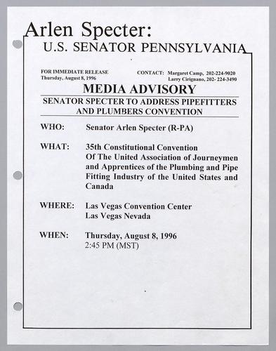 Senator Specter to address pipefitters and plumbers convention