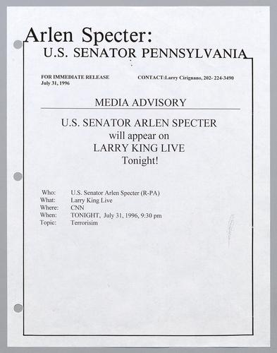 U.S. Senator Arlen Specter will appear on Larry King Live tonight