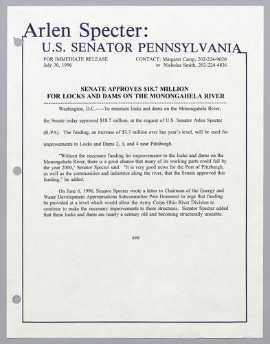 Senate approves $18.7 million for locks and dams on the Monongahela River