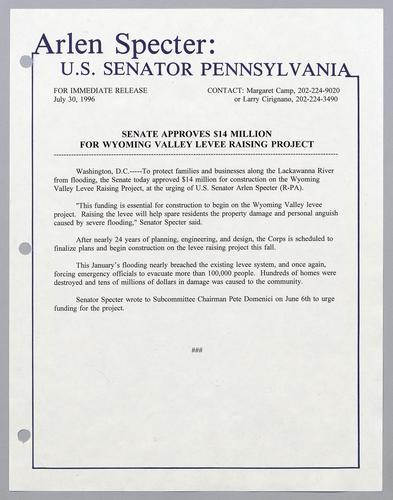 Senate approves $14 million for Wyoming Valley levee raising project