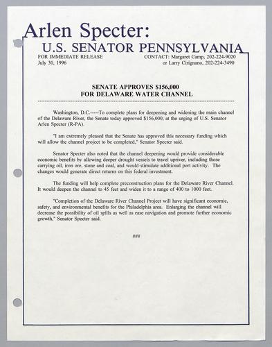 Senate approves $156,000 for Delaware water channel