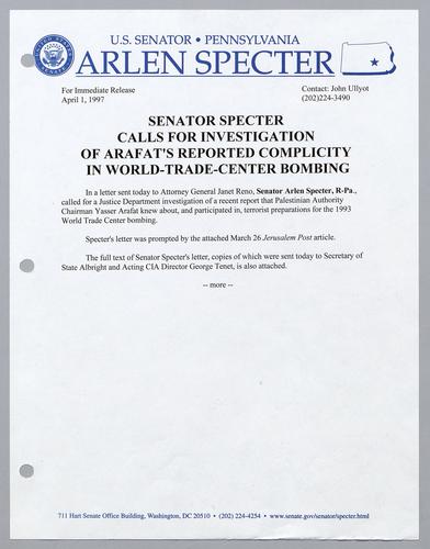 Senator Specter calls for investigation of Arafat's reported complicity in World Trade Center bombing