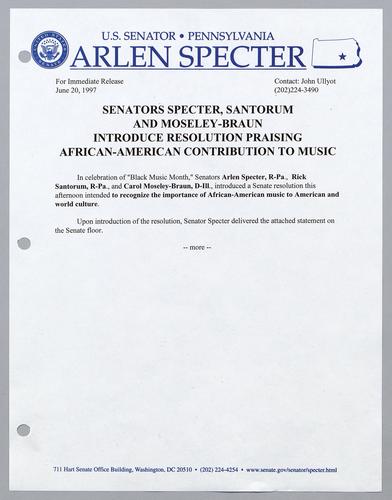 Senators Specter, Santorum, and Moseley-Braun introduce resolution praising African-American contribution to music