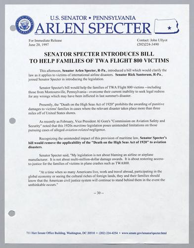 Senator Specter introduces bill to help families of TWA flight 800 victims