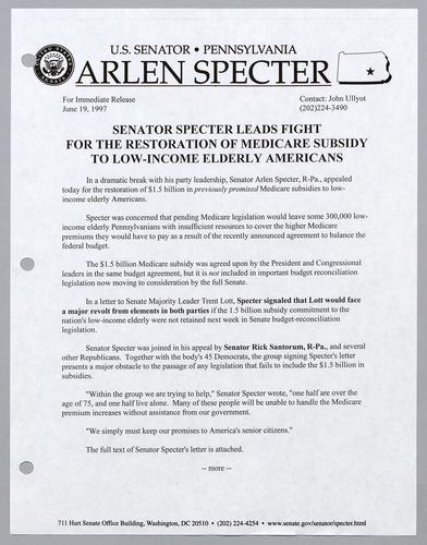 Senator Specter leads fight for the restoration of Medicare subsidy to low-income elderly Americans