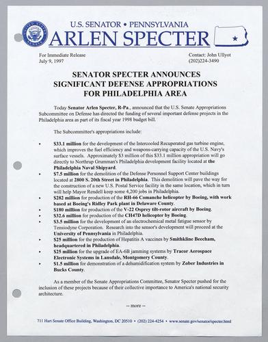 Senator Specter announces significant defense appropriations for Philadelphia area