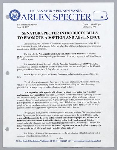 Senator Specter introduces bills to promote adoption and abstinence