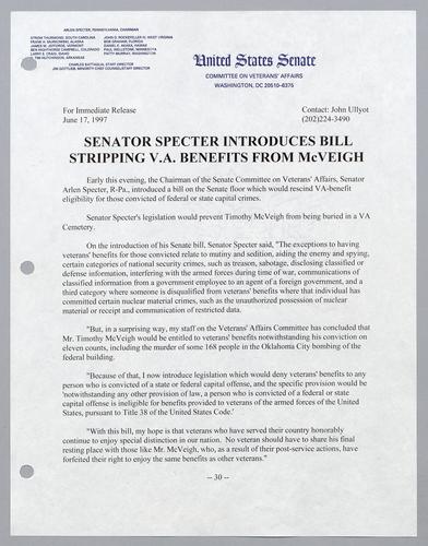 Senator Specter introduces bill stripping VA benefits from McVeigh