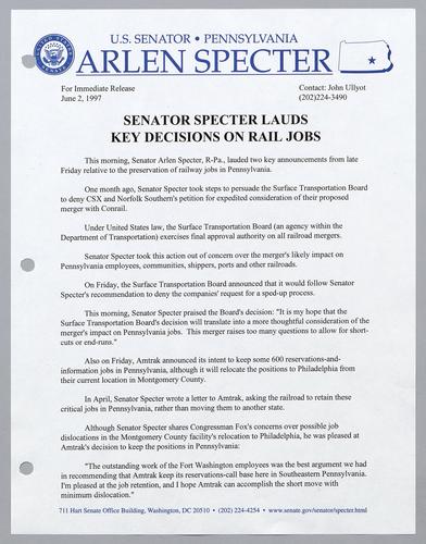 Senator Specter lauds key decisions on rail jobs