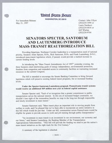 Senators Specter, Santorum, and Lautenberg introduce mass-transit reauthorization bill