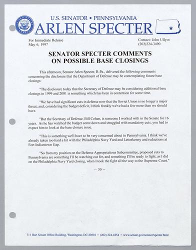 Senator Specter comments on possible base closings