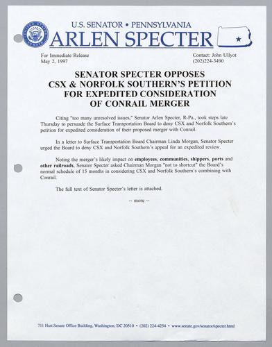 Senator Specter opposes CSX and Norfolk Southern's petition for expedited consideration of Conrail merger