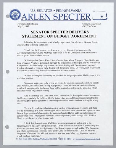 Senator Specter delivers statement on budget agreement