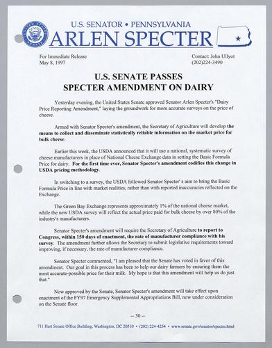 U.S. Senate passes Specter amendment on dairy