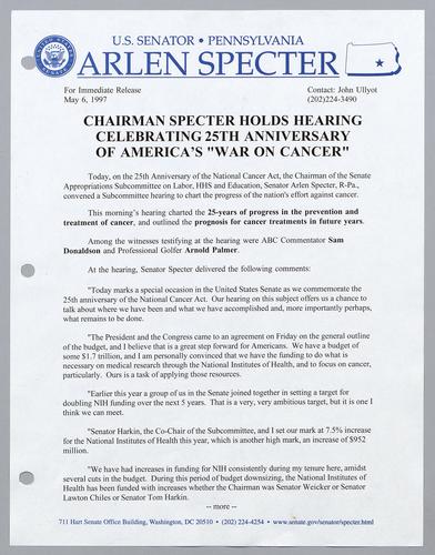 Chairman Specter holds hearing celebrating 25th anniversary of America's "war on cancer,"