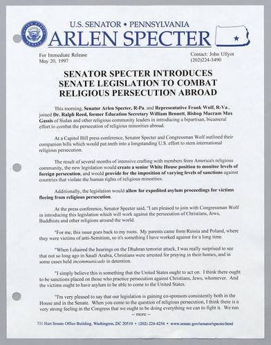 Senator Specter introduces Senate legislation to combat religious persecution abroad