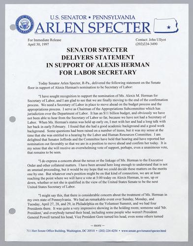 Senator Specter delivers statement in support of Alexis Herman for Labor Secretary