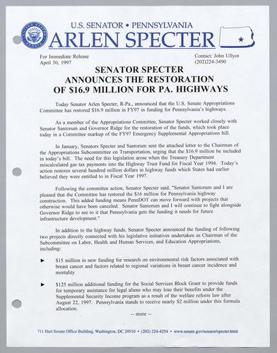 Senator Specter announces the restoration of $16.9 million for PA highways
