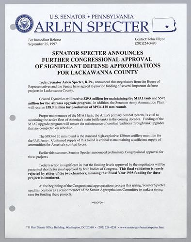Senator Specter announces further Congressional approval of significant defense appropriations for Lackawanna County