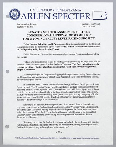 Senator Specter announces further Congressional approval of $13 million for Wyoming Valley levee raising project