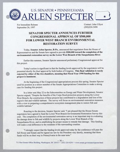 Senator Specter announces further Congressional approval of $500,000 for lower west branch environmental restoration survey