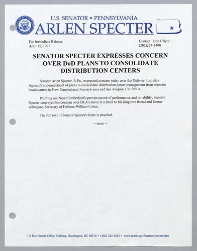 Senator Specter expresses concern over DOD plans to consolidate distribution centers