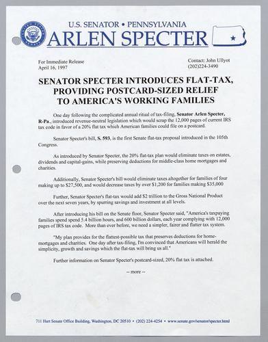 Senator Specter introduces flat tax, providing postcard-sized relief to America's working families