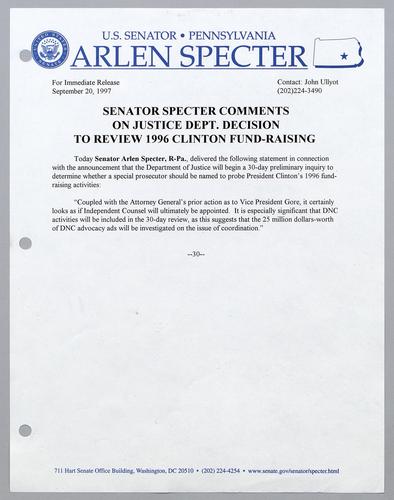 Senator Specter comments on Justice Department's decision to review 1996 Clinton fund-raising