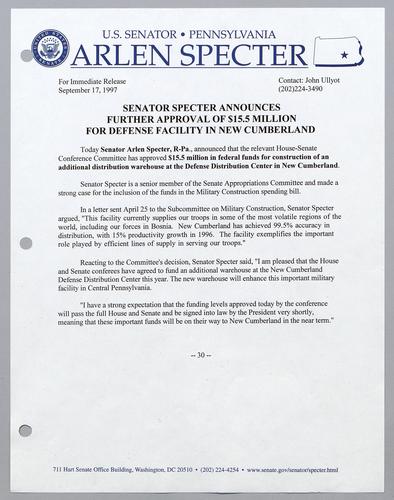 Senator Specter announces further approval of $15.5 million for defense facility in New Cumberland