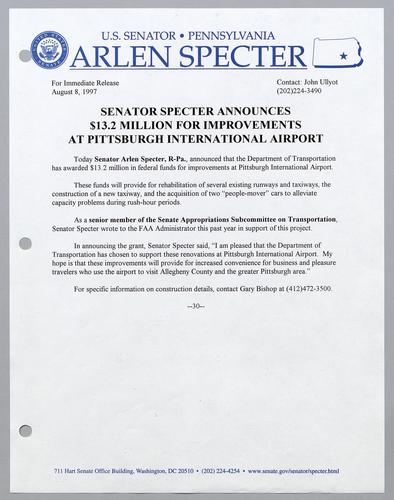 Senator Specter announces $13.2 million for improvements at Pittsburgh International Airport