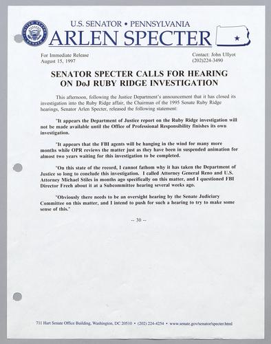 Senator Specter calls for hearing on DOJ Ruby Ridge investigation