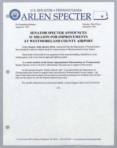 Senator Specter announces $1 million for improvements at Westmoreland County Airport